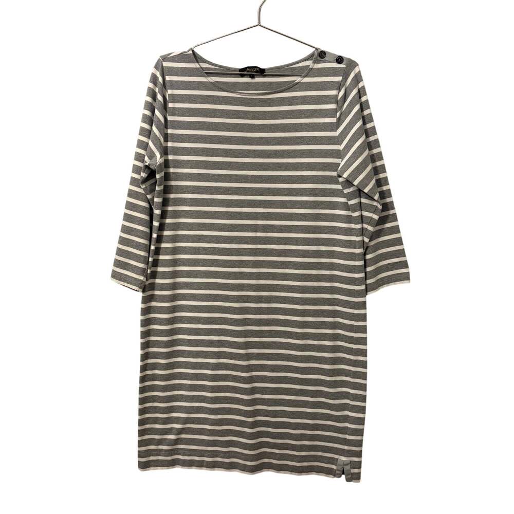 Jaeger Gray and White Striped 3/4 Sleeve Knee Length Dress L